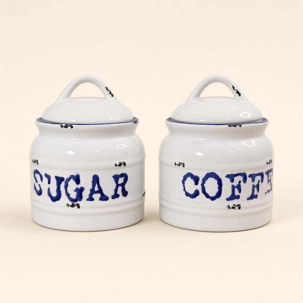 White Ceramic Sugar and Coffee Canisters Blue Lettering Pair with Lids